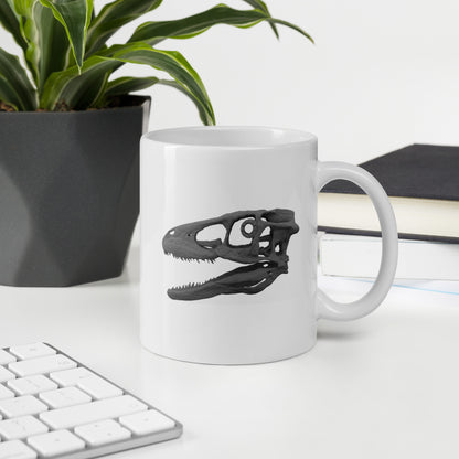 Taza blanca brillante cráneo Deinonychus