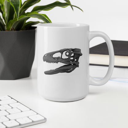 Taza blanca brillante cráneo Deinonychus