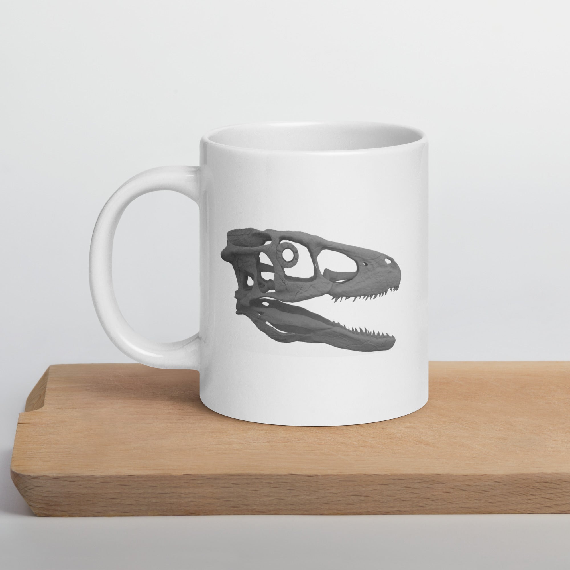 Taza blanca brillante cráneo Deinonychus