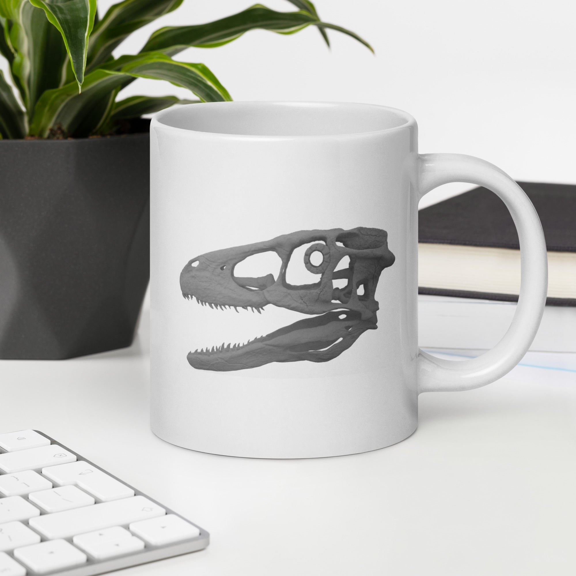 Taza blanca brillante cráneo Deinonychus